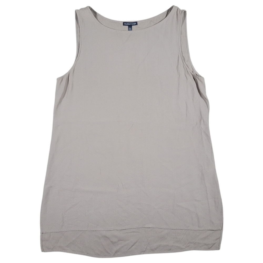 Eileen Fisher Silk Crepe Long Tank Top Womens Medium Taupe Tunic Layering Basics